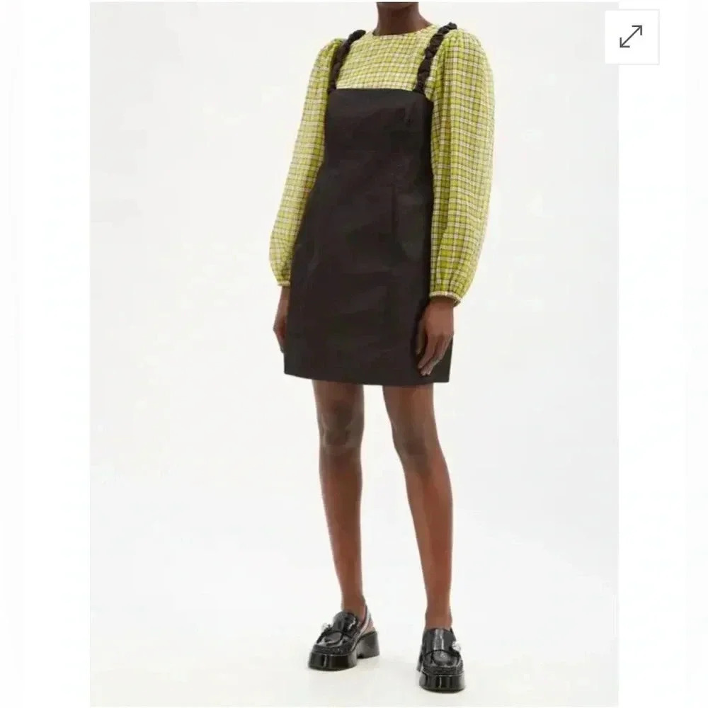 Ganni Womens 8 - 10 Yellow Plaid Organza Puffed Sleeve Cropped Top Blouse - Picture 4 of 15